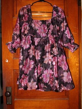 Women’s Floral Square-Neck Dress in Pink and Black